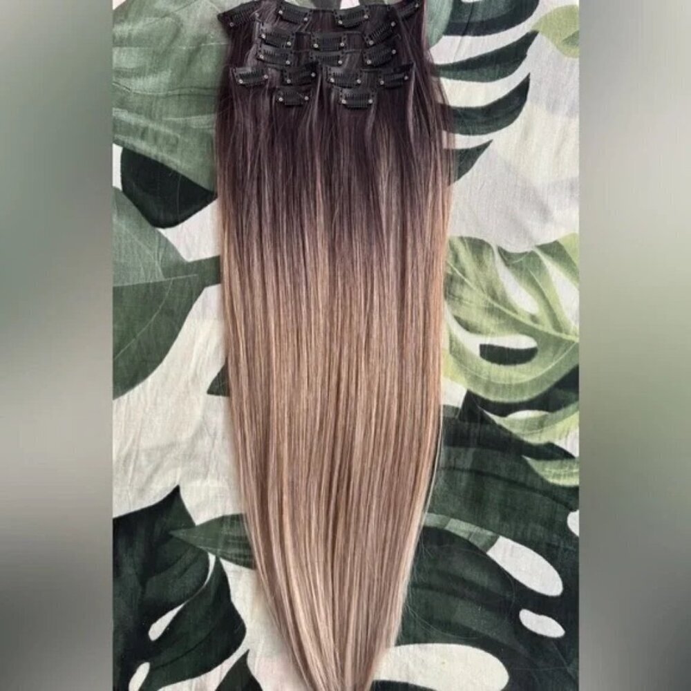 Human hair blend Balayage ash Blonde Clip In Hair Extensions 22 In - Picture 2 of 6